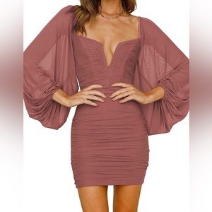 Ruched V Neck Bodycon Dress Lantern Long Sleeve Mesh Backless Mini Dresses
